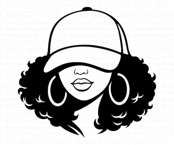 Afro Woman In Baseball Cap Silhouette Portrait SVG, PNG, Black Girl Magic, Curly Hair, Hoop Earrings, Streetwear Clipart Cut File