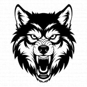 Op de afbeelding: Een zwart-wit illustratie van een wolfskop, met een agressieve uitdrukking. De bek van de wolf is open en toont scherpe tanden. De afbeelding heeft een gedetailleerd, gestileerd ontwerp dat de kenmerken van het dier benadrukt.