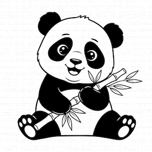 May include: A black and white cartoon panda bear sitting and holding a bamboo stalk with leaves. The panda has black ears, eye patches, and limbs, with a white face and body. The panda is smiling.