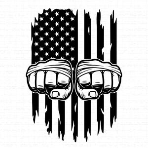 May include: Black and white graphic of two clenched fists wrapped in bandages, superimposed over a distressed American flag. The flag features stars and stripes, with a worn, vintage aesthetic. The image conveys themes of patriotism and strength.
