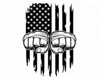 May include: Black and white graphic of two clenched fists wrapped in bandages, superimposed over a distressed American flag. The flag features stars and stripes, with a worn, vintage aesthetic. The image conveys themes of patriotism and strength.