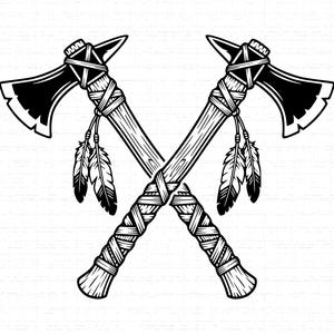 May include: Two crossed tomahawks in a black and white illustration. The tomahawks have wooden handles wrapped with a woven material. Feathers hang from the handles. The axe heads are black.