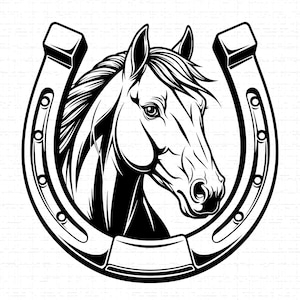 May include: A monochrome illustration of a horse's head framed by a horseshoe. The horse is depicted in profile, with detailed shading and a flowing mane. The horseshoe is a classic U-shape with visible nail holes.