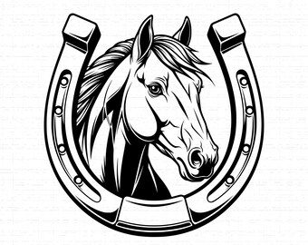 May include: A black and white illustration of a horse's head within a horseshoe. The horse is facing forward, with detailed shading and a flowing mane. The horseshoe is a classic U-shape with visible nail holes.