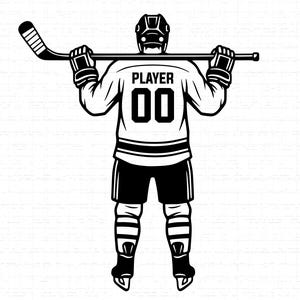 May include: Monochrome illustration of a hockey player seen from behind, wearing a helmet, jersey with "PLAYER" and "00", shorts, and skates. The player has a hockey stick across their shoulders. The background is a white brick wall.