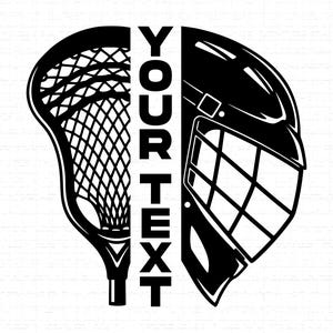 Pode incluir: Design gráfico a preto e branco com um stick e capacete de lacrosse, divididos verticalmente. O texto "YOUR TEXT" é impresso verticalmente entre as duas metades. O design está sobre um fundo branco.