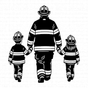 Puede incluir: Ilustración en blanco y negro de un bombero tomados de la mano con dos niños, todos con uniformes y cascos de bombero. La imagen representa un tema familiar.