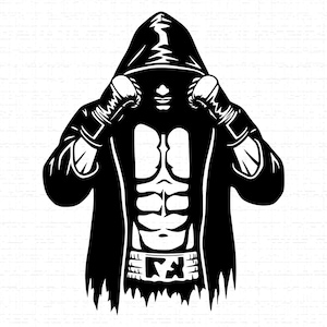 Puede incluir: Ilustración en blanco y negro de un boxeador con capucha en posición de combate. La imagen muestra el torso musculoso del boxeador y los guantes de boxeo. El diseño tiene un estilo gráfico fuerte con líneas audaces.