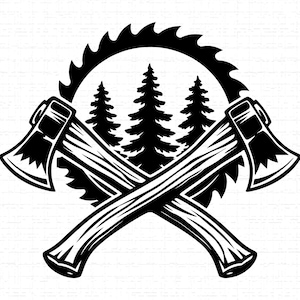 Puede incluir: Ilustración en blanco y negro de un emblema de leñador. Dos hachas cruzadas se colocan debajo de una hoja de sierra circular. Tres pinos están centrados dentro del círculo de la hoja de sierra.
