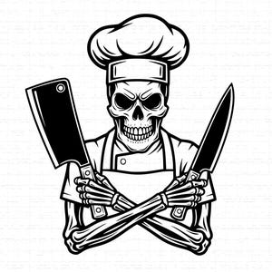 May include: Black and white illustration of a skeleton chef wearing a toque and apron, holding a cleaver and a knife. The skeleton's arms are crossed, and it has a skull face.