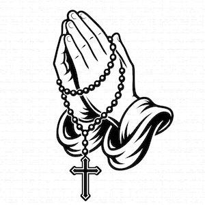 Puede incluir: Ilustración en blanco y negro de manos rezando, sosteniendo un rosario con una cruz. Las manos están juntas, con las cuentas del rosario colgando entre ellas. La cruz es un diseño simple y delineado.