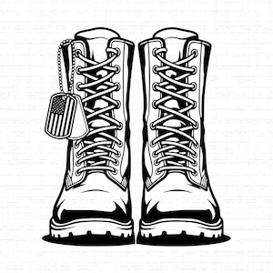 May include: Black and white illustration of two combat boots with intricate lacing. A dog tag with the American flag hangs from one boot. The boots are detailed with shadows and highlights, giving them a realistic appearance.