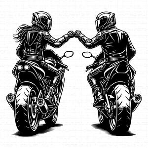 Puede incluir: Ilustración en blanco y negro de dos motoristas chocando los puños. Ambos llevan cascos y montan en motos negras. La imagen es un diseño gráfico con fondo blanco.