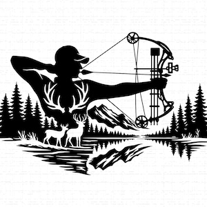 May include: Black and white illustration of a person aiming a bow and arrow. The design includes a forest scene with mountains, trees, and deer. The archer is wearing a cap and is silhouetted against the background.