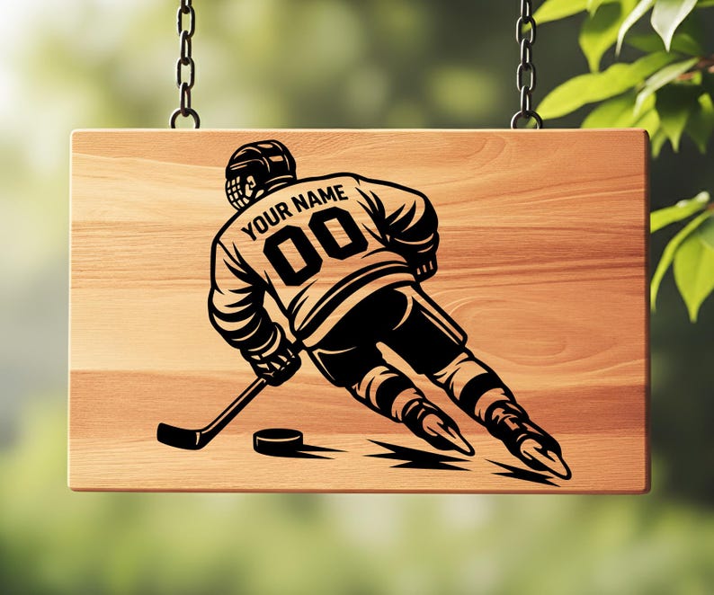 May include: A rectangular wooden sign featuring a black graphic of a hockey player in motion. The player wears a jersey with the text "YOUR NAME" and the number "00" on the back. The player holds a hockey stick near a puck on the wood surface.