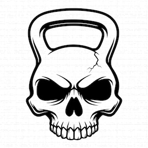 May include: Black and white illustration of a kettlebell shaped like a skull. The skull has large, dark eye sockets, a prominent nose, and a full set of teeth. A crack runs across the top of the skull.