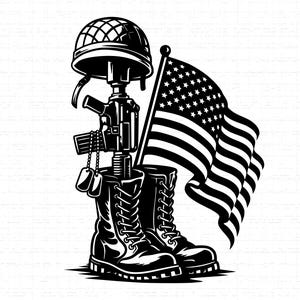 May include: Black and white illustration of a military memorial. Features combat boots, a rifle, helmet, dog tags, and a waving American flag. A tribute to fallen soldiers.