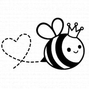 May include: A black and white cartoon illustration of a bee wearing a crown. The bee has a smiling face and is flying with a dotted heart trail. The bee has black and white stripes on its body.