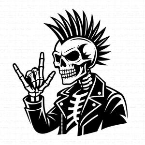 May include: Black and white illustration of a skeleton with a mohawk hairstyle, wearing a leather jacket, and making a rock and roll hand gesture. The skeleton's skull and rib cage are visible.