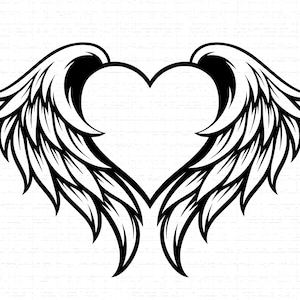 May include: Black and white illustration of a heart shape with angel wings. The wings are detailed with layered feathers, and the heart shape is outlined in black. The design is set against a white background.