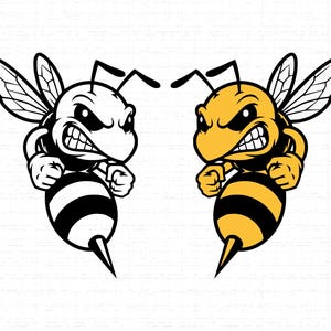 以下が含まれることがあります： 怒った蜂のイラストが2つ。拳を握りしめ、針を持っています。1つは白黒、もう1つは黄色と黒です。どちらの蜂も決意した表情で、行動する準備ができています。