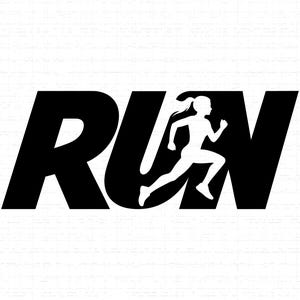 Könnte beinhalten: Schwarz-weiß Grafik mit dem Wort "RUN" und einer Läufer-Silhouette. Das Wort ist fett, ohne Serifen, und der Läufer ist in das Design integriert.