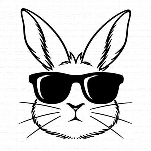 May include: A monochrome illustration of a rabbit wearing sunglasses. The rabbit's long ears and whiskers are visible, with the sunglasses covering its eyes. The image is a simple graphic design.