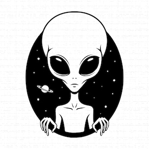 May include: A black and white illustration of an alien with large, oval eyes and a slender body. The alien is set against a black oval background with stars and a planet with rings. The alien's hands are visible at the bottom.