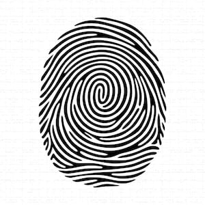 Puede incluir: Ilustración en blanco y negro de una huella dactilar. La huella dactilar tiene forma ovalada con un patrón espiral central y numerosas crestas curvas. El fondo es blanco texturizado.