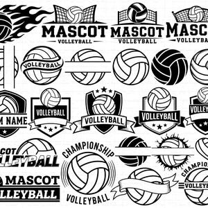 May include: A selection of black and white volleyball graphics. Designs feature volleyballs with flames, nets, and text like "Mascot" and "Volleyball". Some designs are in shields, banners, and heart shapes. Suitable for sports-related projects.