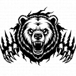 May include: A black and white illustration of a bear's head with an open mouth, showing teeth. The bear's claws are extended, and the image has a distressed, textured background. The bear's fur is detailed, and the eyes are intense.
