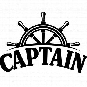 May include: A black and white graphic of a ship's wheel with the word "CAPTAIN" beneath it. The design is simple and bold, ideal for nautical-themed items. The image has a clean, minimalist aesthetic.