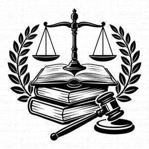May include: Black and white illustration of legal symbols. Depicted are a set of scales, books, a gavel, and a laurel wreath. The image is a graphic representation of law and justice.
