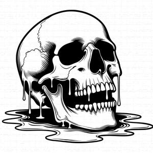 May include: Black and white illustration of a skull with a melting effect. The skull is depicted in a side profile, with the lower jaw open, revealing teeth. The melting effect creates a dripping appearance, adding a unique visual element.