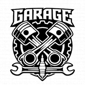 May include: Black and white garage-themed graphic. The word "GARAGE" is at the top. The design features crossed pistons, a gear, a wrench, and a spark plug, all in a bold, illustrative style.
