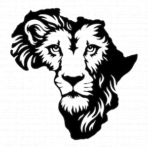 May include: A black and white illustration of a lion's face, integrated with the shape of the African continent. The lion's mane and facial features are detailed, creating a striking visual representation.