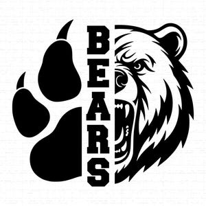 May include: Black and white graphic design featuring a bear paw and the head of a bear. The word "BEARS" is vertically stacked between the paw and the bear's head. The bear is snarling, with its teeth bared.