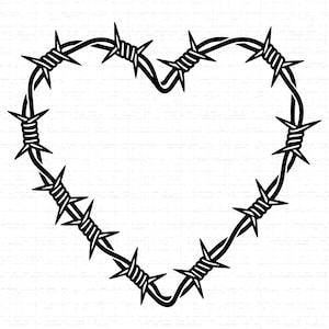 May include: A black and white illustration of a heart shape formed by barbed wire. The barbed wire is tightly wound and features sharp barbs, creating a striking and edgy design. The heart shape is centered against a white background.