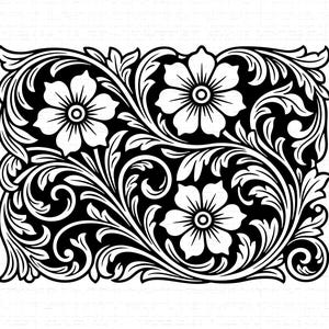 May include: Black and white floral design featuring three flowers and intricate leaf patterns. The design is symmetrical, with the flowers evenly spaced and surrounded by swirling foliage. The artwork is suitable for various decorative applications.