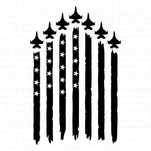 Könnte beinhalten: Schwarz-weiß Grafik mit der amerikanischen Flagge, wobei die Sterne durch Düsenjets ersetzt werden. Die Streifen der Flagge sind vertikal und verblichen, mit weißen Sternen in den schwarzen Streifen. Silhouetten von Düsenjets befinden sich oben.