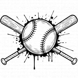 Peut inclure: Graphique de baseball en noir et blanc avec un ballon cousu, des battes de baseball en bois croisées et un effet d'encre éclaboussée. Idéal pour les articles sur le thème du sport.