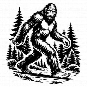 May include: A black and white illustration of Bigfoot, or Sasquatch, striding through a forest. The image shows the creature's hairy body, a serious face, and large feet. Pine trees are in the background, creating a woodland scene.