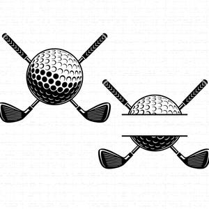 May include: Black and white golf-themed graphic featuring a golf ball intersected by two crossed golf clubs. The design is repeated in three different arrangements, with the golf ball and clubs in various positions.