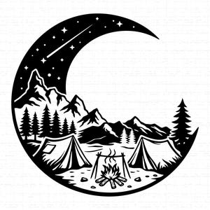 May include: Black and white illustration of a camping scene inside a crescent moon. The design features tents, a campfire, mountains, trees, stars, and a shooting star, evoking a sense of adventure and the outdoors.