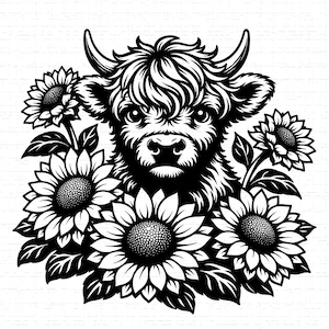 Puede incluir: Ilustración en blanco y negro de la cara de una vaca de las Highlands rodeada de girasoles. La vaca tiene pelo largo y lanudo y cuernos curvados. Los girasoles están en plena floración con pétalos y hojas detallados.