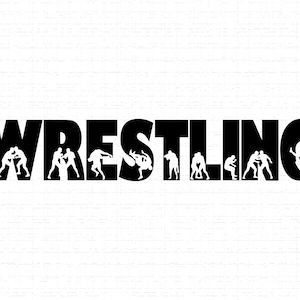 May include: Black and white graphic of the word "WRESTLING" with silhouettes of wrestlers incorporated into the letters. The background is a white brick wall.