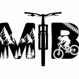 May include: Black and white graphic design featuring the letters "MTB" with a mountain bike incorporated. The "M" has a mountain and tree design, the "B" shows a cyclist, and the bike is in the center.