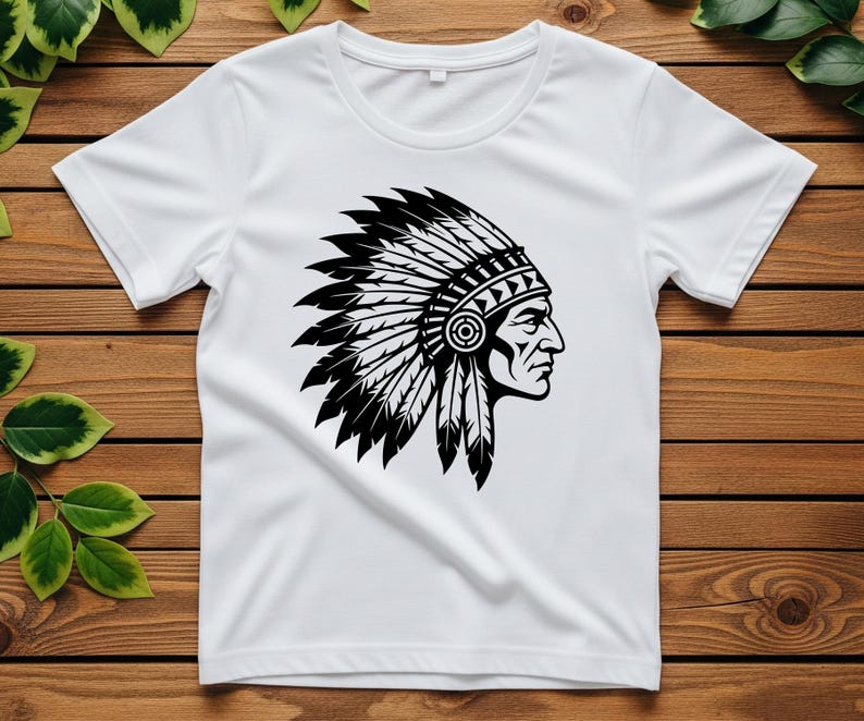 May include: White t-shirt featuring a black and white graphic of a Native American chief in profile, wearing a feathered headdress. The design is centered on the shirt, showcasing the detailed illustration. The shirt is made of a soft material.