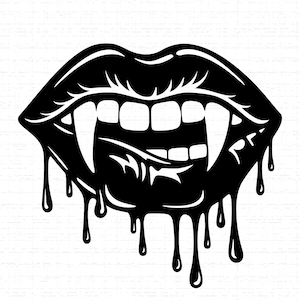 Puede incluir: Gráfico en blanco y negro de labios abiertos con afilados colmillos, goteando un líquido. El diseño presenta una boca abierta estilizada con colmillos prominentes y un efecto de goteo, creando una estética gótica espeluznante.