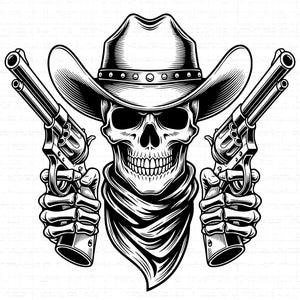 May include: Monochrome illustration of a skull in a cowboy hat and neckerchief, gripping two revolvers. The image features detailed shading and a stern expression, with the guns held symmetrically.